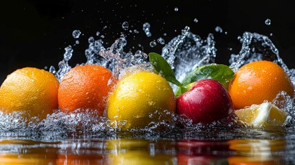 Two ripe apples and two oranges making splashes in clear water, perfect for healthy eating and refreshment concepts