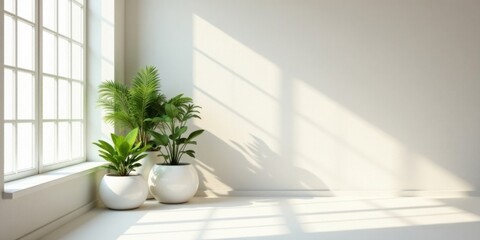 Serene Interior Scene with Lush Greenery in Bright Sunlight Near a Window