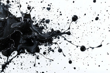 Black ink splatters and drips on white background  Dynamic abstract composition