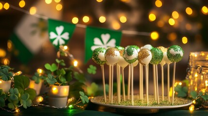 St. Patrick's Day cake pop display with green and gold glitter, set against a festive backdrop of shamrocks, Irish flags, and glowing fairy lights.