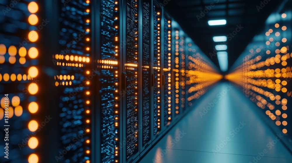 Poster futuristic supercomputer array analyzing vast data in a high-tech environment with illuminated rack 