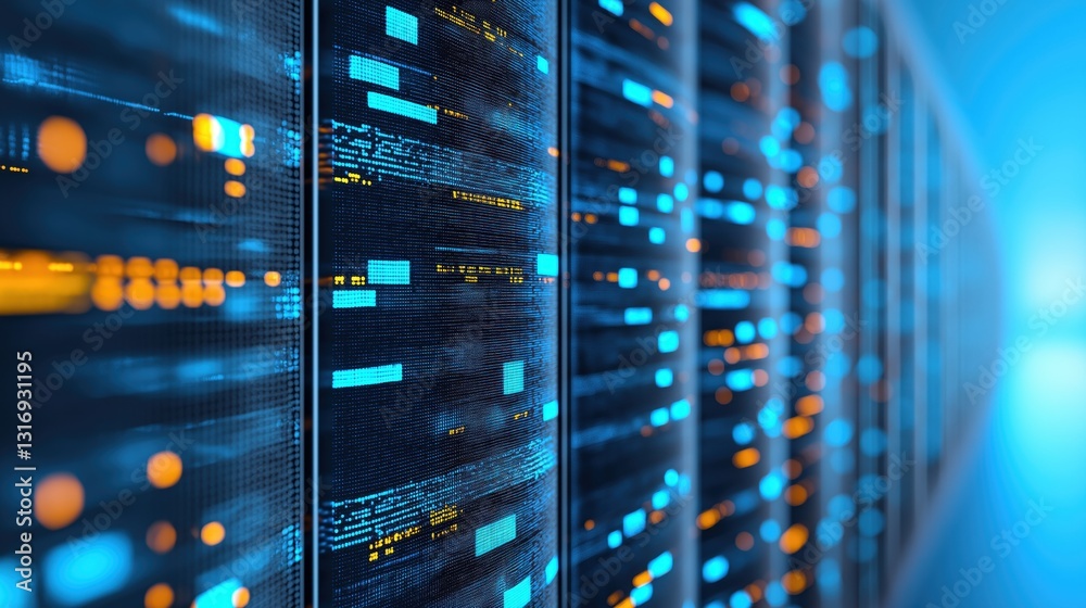 Poster futuristic supercomputer analyzing vast data in a high-tech environment