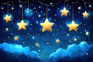 Fototapeta premium Dreamy Night Sky with Hanging Golden Stars and Soft Blue Clouds for Childrens Storybook Illustration