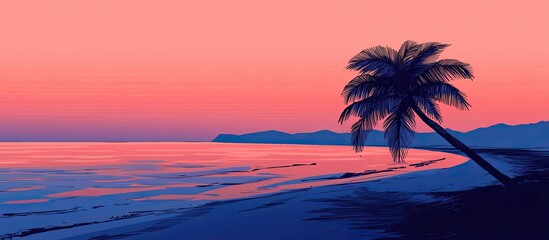 Obraz premium Serene Sunset Landscape with Palm Tree by Calm Ocean Shoreline