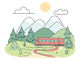 Scenic Train Journey Through Lush Green Mountains and Clear Sky