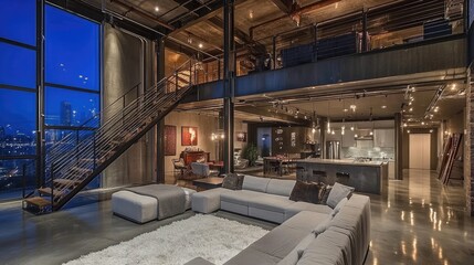 Chic urban loft-style house with an open-concept design, industrial finishes, and cozy modern ambiance.