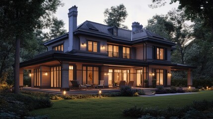 Classic American-style two-story house with a front porch, rocking chairs, and warm evening lights.