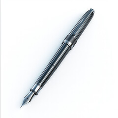 Silver Fountain Pen on White Background. Highly realistic illustration of a silver fountain pen on a pure white background. AI generated image.