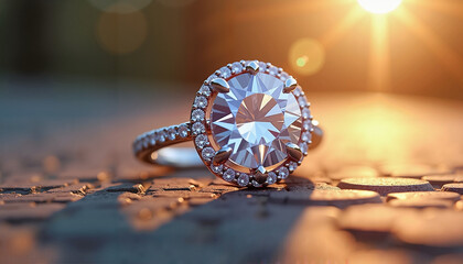 Fototapeta premium Luxury Diamond Ring with Halo Setting in Sunset Lighting