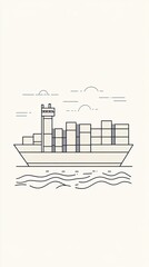 Obraz premium Simple Line Art of Cargo Ship on Calm Sea with Clouds and Sun
