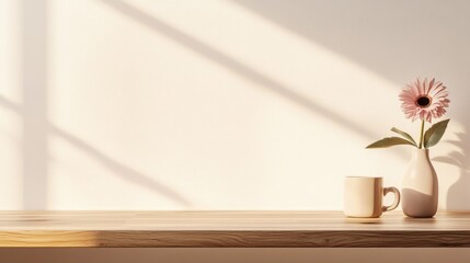 Fototapeta premium Simple, minimalist scene of a light-filled, sunlit, wooden shelf with a vase of pink gerbera and a coffee cup