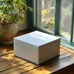Elegant White Gift Box on Wooden Table