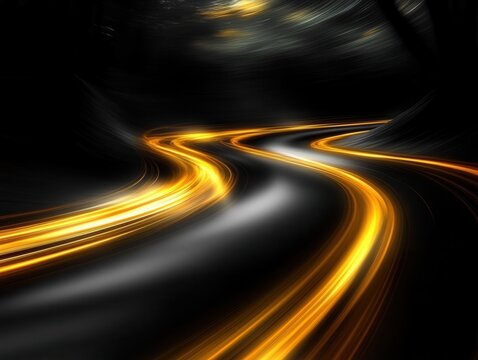 Abstract golden light trails on dark background creating dynamic movement and energy for futuristic design