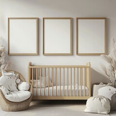 A serene nursery featuring a crib, plush toys, and framed artwork for a calming atmosphere.