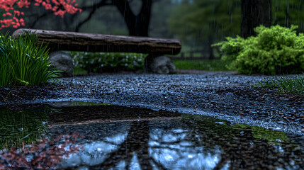 A rainy day view of a park bench in the garden