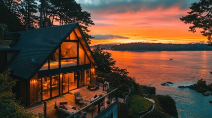 Fototapeta premium Coastal A-frame cabin with a glass front, warm wooden accents, and golden sunset reflections on the sea.