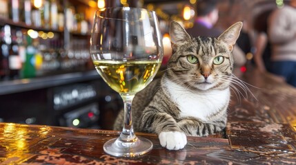 Obraz premium A tabby cat with green eyes sits at the bar in an underground nightclub
