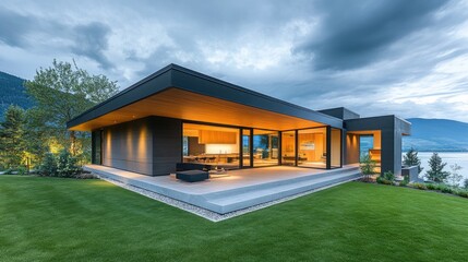 Coastal modern home with a large terrace overlooking the ocean.