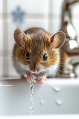 Adorable house mouse drinking water from a faucet in a bright bathroom with white tiles and a playful mood in a close up shot