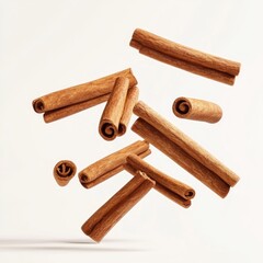 Cinnamon sticks in mid-air, various sizes and curls