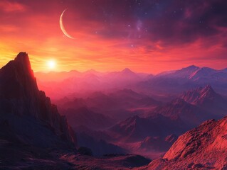 Fototapeta premium Majestic mountain range under a vibrant sunset sky with a crescent moon and distant stars creating a tranquil landscape