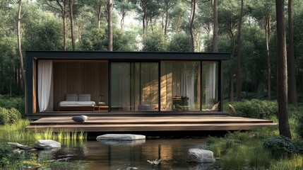 Compact minimalist cabin with a glass front, a cozy wooden deck, and surrounded by nature.