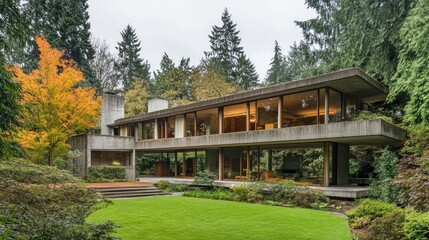 Concrete modern home blending industrial and natural elements.