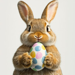 cute rabbit holding colorful Easter egg with cheerful expression