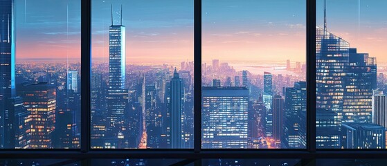 Stunning City Skyline View at Dusk from Modern Office Building