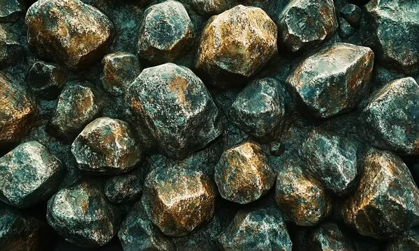 Dark and Golden Rocks Texture: A Close-Up View of  Rough,  Jagged Stones with  Metallic Sheen