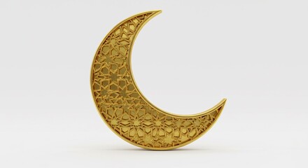 Elegant golden crescent moon with intricate Islamic geometric patterns, symbolizing Eid and Islamic heritage. High-quality isolated 3D render on a white background.