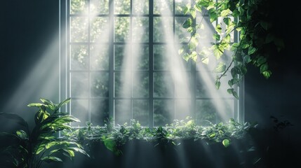 Obraz premium Serene Window View with Sunlight Streaming Through Glass and Lush Green Plants Creating a Peaceful Indoor Ambiance with Natural Light in a Dark Room