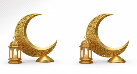 Elegant golden crescent moon with intricate Islamic geometric patterns, symbolizing Eid and Islamic heritage. High-quality isolated 3D render on a white background.