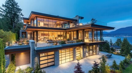 Obraz premium Contemporary house with a glass balcony and scenic view.