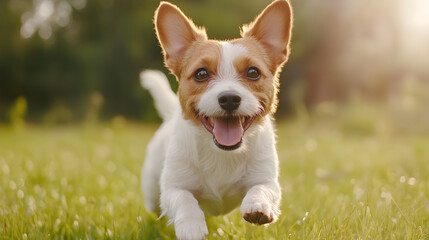 Joyful dog running in green park outdoor action photography nature playful mood