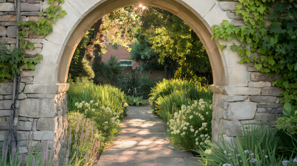 A sunlit stone archway leading to a quiet garden filled with greenery and sunlight.