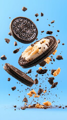 Chocolate sandwich cookies in midair exploding into crumbs and cream filling against a light blue background