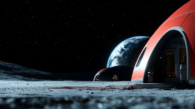 A lunar base architecture faces the distant blue earth in space