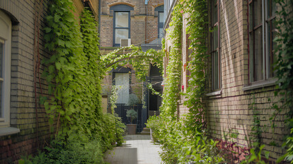 A sunlit alley between old brick buildings with vines crawling up the walls.