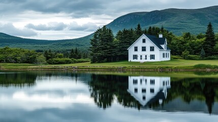 Fototapeta premium Country home by a tranquil lake, reflecting in the still waters.