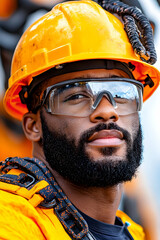 Close-up of a construction worker wearing safety gear  Dark-skinned man with beard