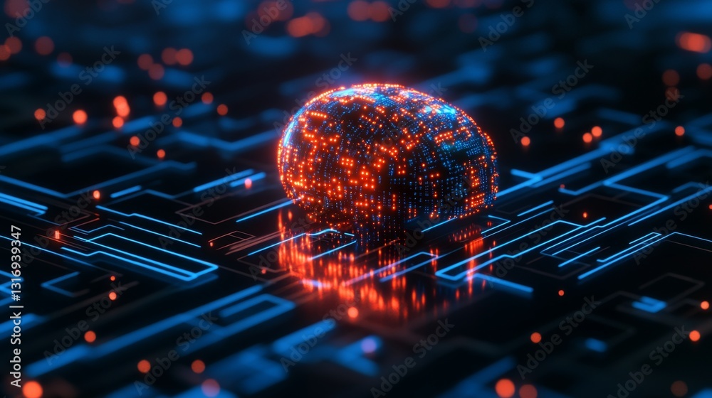 Poster create prompts for stock photos related to abstract artificial intelligence on atomic and technology