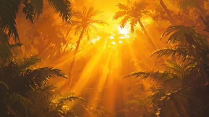 Golden sunlight beams through lush tropical palm trees in a dense jungle.