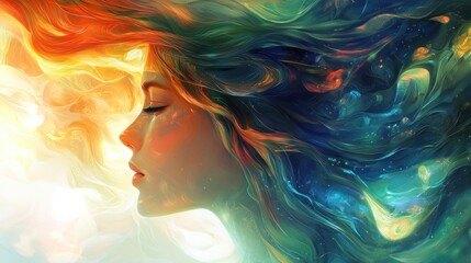 Woman's profile with fiery and cosmic hair.