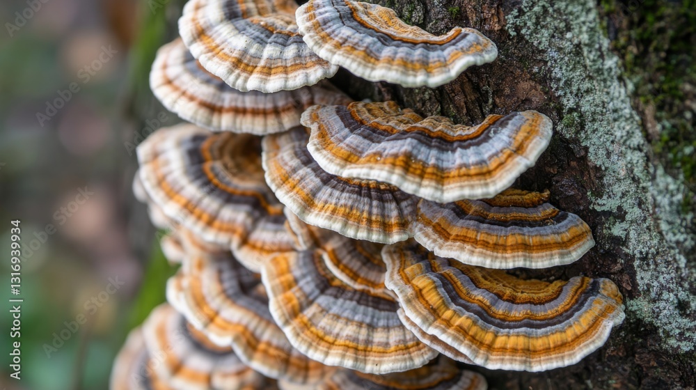 Poster Create  prompts for stock photos related to A closeup shot of Turkey tail fungi with patterned caps growing near a tree trunk with - characters and ending with