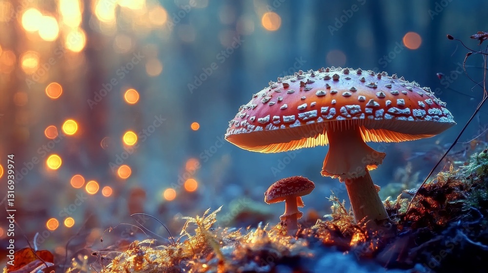 Aufkleber Create  prompts for stock photos related to A closeup shot of Amanita muscaria mushroom in the forest with - characters and ending with