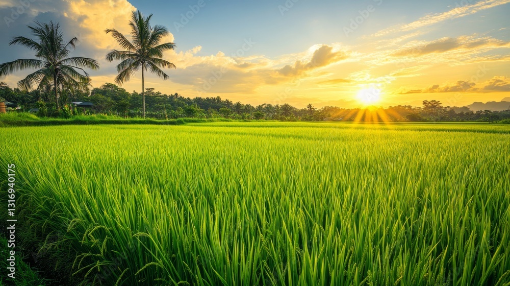 Poster Create  prompts for stock photos related to A lush rice paddy field with neat, under a bright, sunny sky, green rows stretching into the horizon with - characters and ending with