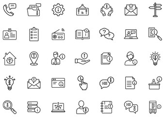 Information and Communication Icon Set – Support, Help Desk, FAQ, Customer Service, Knowledge Base, Inquiry, Assistance, Contact, Document Info, Online Support, Data Access, Outline Vector Icons