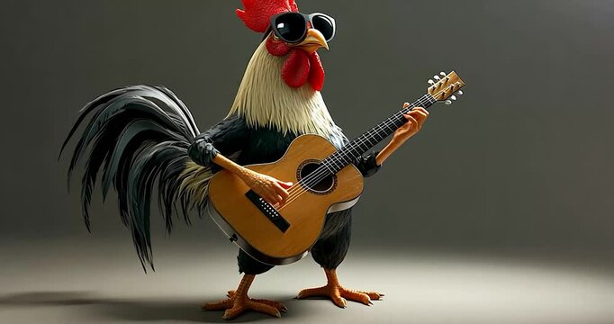 Funny rooster playing guitar, cartoon style, studio shot