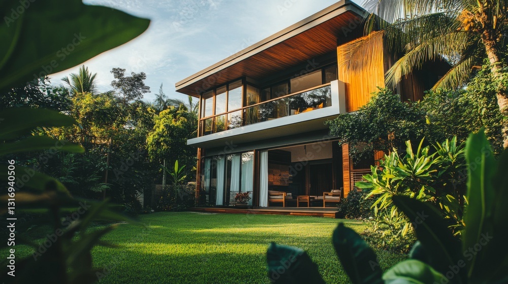 Aufkleber Create  prompts for stock photos related to a Spacious contemporary house with lush greenery surrounding it with - characters and ending with